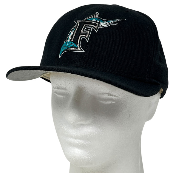 Vintage 90s Florida Marlins Hat Baseball Cap Fitted 7 7/8 Black New Era USA Made - Picture 1 of 10